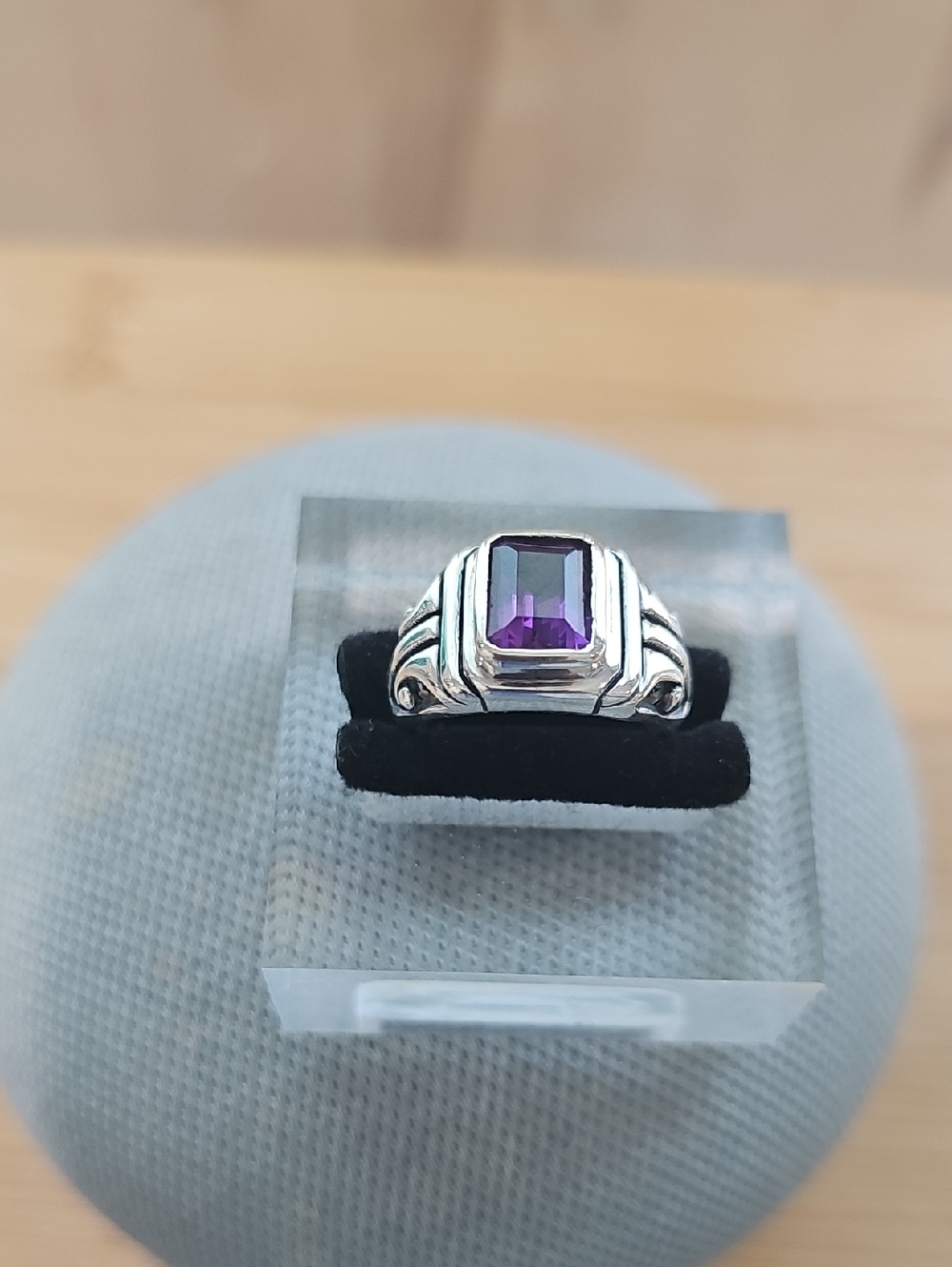 Sterling Silver Ring with Emerald-Cut Amethyst Gemstone